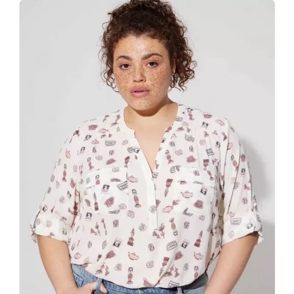 Torrid Harper Georgette Blouse 2 The Office Print Roll Sleeve Plus Size